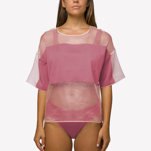 T-shirt over organza di seta e Jersey Rosa Quarzo