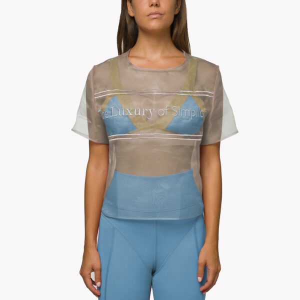 T-shirt organza di seta con ricamo Blu Topazio