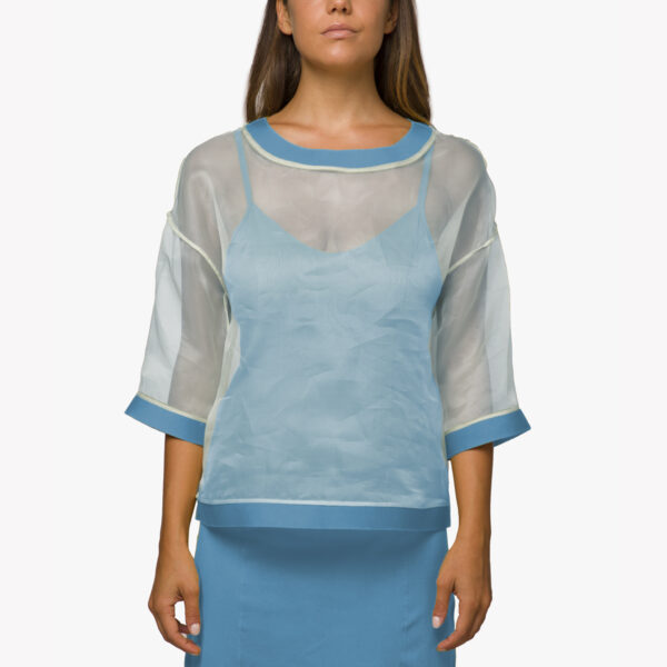 T-shirt organza di seta e Jersey Blu Topazio