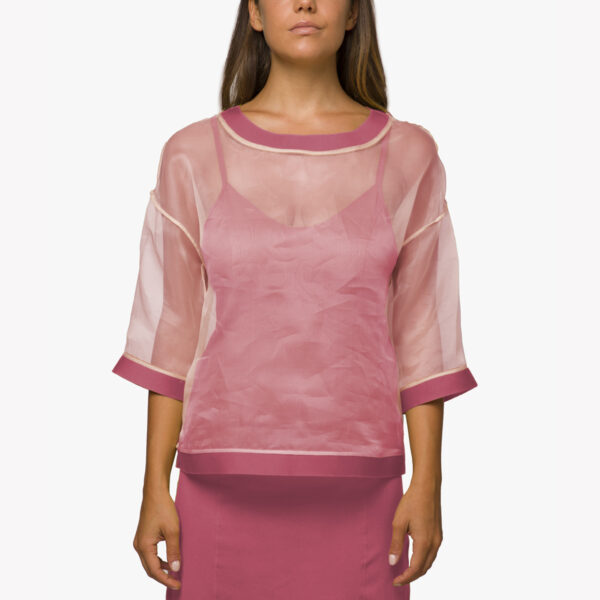 T-shirt organza di seta e Jersey Rosa Quarzo